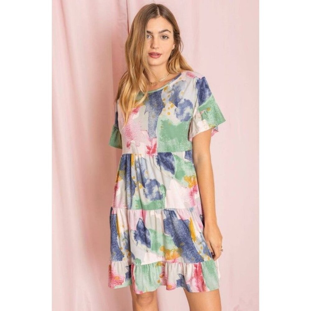 Watercolor Tiered Babydoll Dress Short Sleeve Lightweight Womens Multicolor Smal